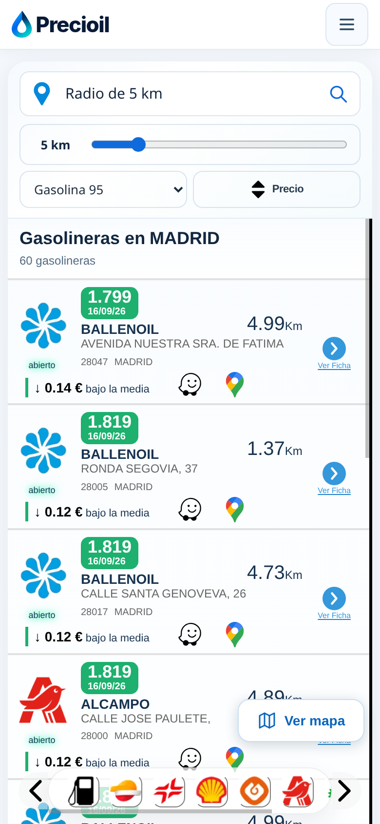 Precioil en móvil: resultados de gasolineras en Madrid con sus precios